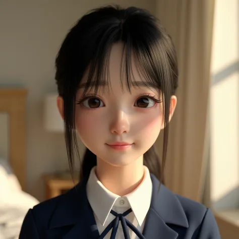  one girl ，3DCG， 3D character ，(とても cute女子高生:1.3)，masterpiece， top quality ， high res，((( Photorealistic:1.4)))， RAW photos ， ray tracing ， physical base rendering ， beautiful girl，(Age 15:1.4)， white skin， cute， Japanese，A faint smile，(detailed pupils:1.2...