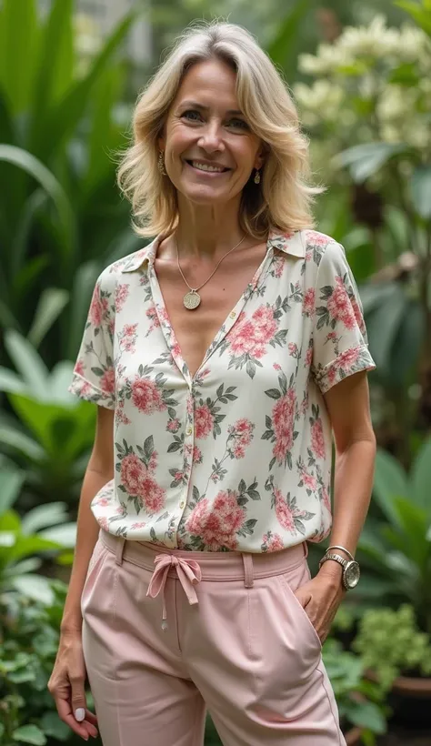 A 36-year-old woman in a floral blouse and trousers, standing in a botanical garden.