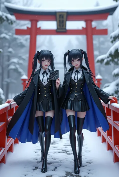 two Japanese girl、 vampire、black hair、 twin tails、smile、 big eyes、black cloak with blue lining、shiny black leather suit、 white shirt、 ties、 black skirt 、 I have a fan、 橋を渡る、雪が降っている、torii、3d

