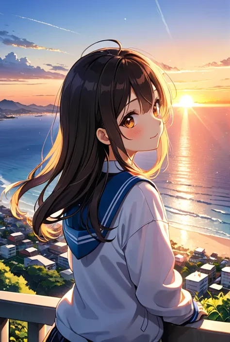 You can see the ocean and city views in the distance 、 Rear view of a high school girl watching the sunset。 The sunset is dazzling and sparkling 。 from the top of a small mountain 。