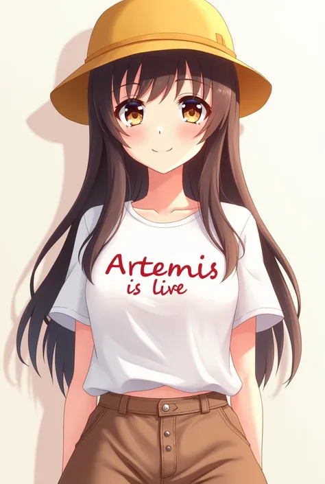 A Beautiful Attractive Anime girl big Long Hairs Showing Pan. Her Channel Name is Artemis is live written on her T-Shirt  That girl Wearing yellow Round Hat, White T_shirt & Brouwn Lower