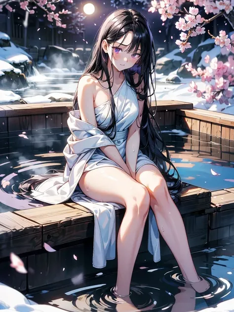 masterpiece, best quality, high resolution,Perfect light and shadow,8k wallpaper,illustration, ray tracing, a cute girl,black hair,Long straight hair, Purple Eyes,Full body portrait,Sit by the hot springs,snow,Tiny moon,Cherry blossoms,towel wrap body ,A w...