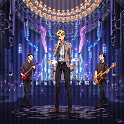  concert stage、 vocals male 　Guitar male 　Bass male 　drums male 　anime　３０age