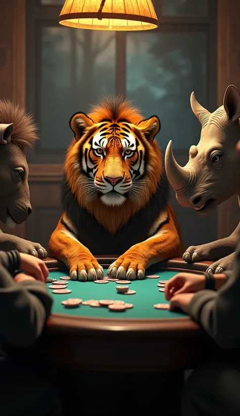 [ Wide angle image, realistic details, ultra realistic 8k CG:1.2), (8k, best quality, masterpiece, ultra highres:1.2), canted angle, 30 person, full body, bottom view ]

Tiger, lion, buffalo, rhino are sitting at a table playing poker. 