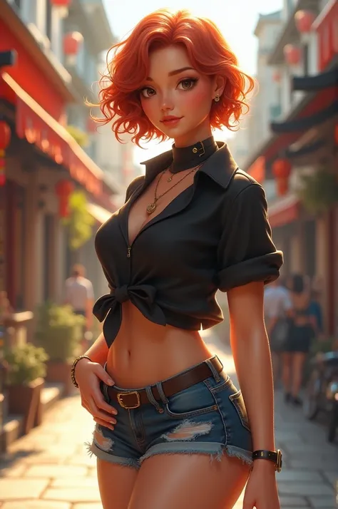 ((A 28-year-old woman with normal breasts and a full figure, charming girls, Small head)), Sunlit day, sunbeams, (Defined abs: 1.1), (Perfect body: 1.1), (Short and wavy curly hair: 1.2), red hair, scarf, necklace, full body shot, bustling street, wearing ...