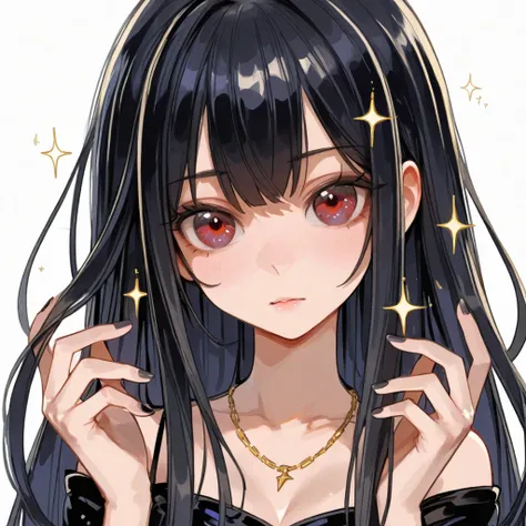 This is a Japanese anime-style illustration of long, shiny, straight black hair. She has large, bright crimson eyes with star-like highlights and a mysterious expression. Her nose has a natural arrow shape, which suits her anime-style features well. The ou...