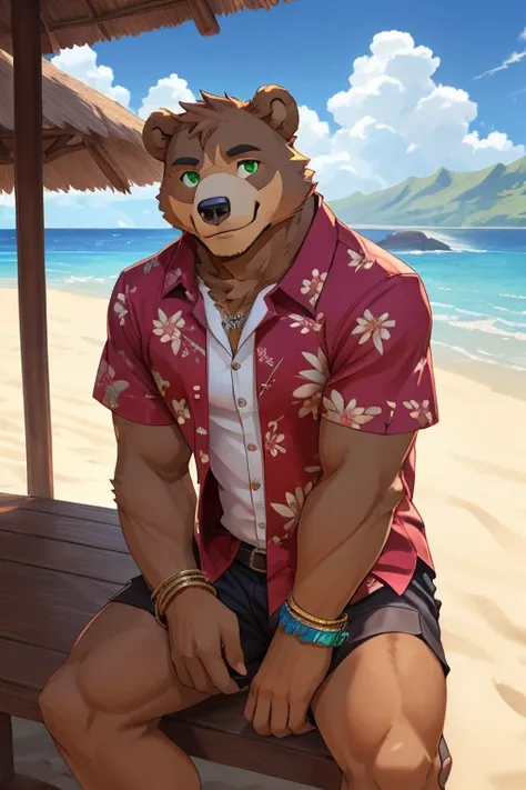 Alone ,eyes, anthropomorphic bear  ,brown bear, brown fur,  detailed green eyes  ,  slightly strong body ,  beautiful arms ,  Hawaiian shirts , cargo short , open shirt, cargo short s ,  dark bracelet    ,   looking at the viewer , smiling look,   random p...