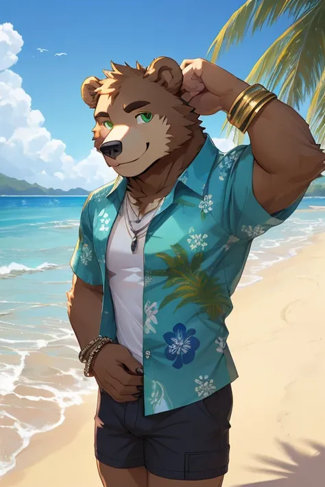 Alone ,eyes, anthropomorphic bear  ,brown bear, brown fur,  detailed green eyes  ,  slightly strong body ,  beautiful arms ,  Hawaiian shirts , cargo short , open shirt, cargo short s ,  dark bracelet    ,   looking at the viewer , smiling look,   random p...