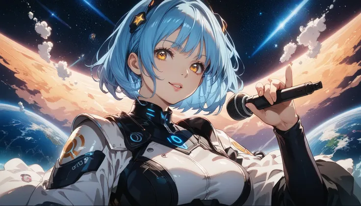 right front pose, close up, A mysterious anime girl with chin-length blue hair and glowing amber eyes, short hairs,
dressed in a dark, black and silver space suit with reflective shoulder 
plates and intricate designs. Holding microphone in right hands, sp...