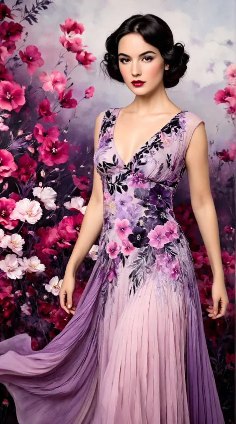 In a whimsical floral backdrop, a graceful European woman from the 1920s stands elegantly. Her delicate features are softly illuminated, framed by gentle waves of dark hair. She wears a flowing pink and purple dress that billows lightly, enhancing her sere...