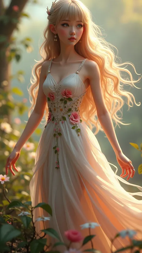 3D Rendering, concept art，abstract, garden，A Centennial Fairy ，Bangs,  Long Hair Flowing ，delicate face，watery eyes， Wear a Beautiful Dress， European Style Dress ， Floral Floral Design Skirt Bottom ， Bright High Detail , , 