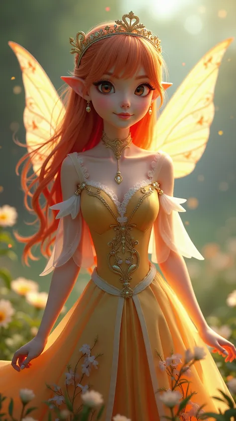 3D Rendering, concept art，abstract, garden，A Centennial Fairy ，Bangs,  Long Hair Flowing ，delicate face，watery eyes， Wear a Beautiful Dress， European Style Dress ， Floral Floral Design Skirt Bottom ， Bright High Detail , , 