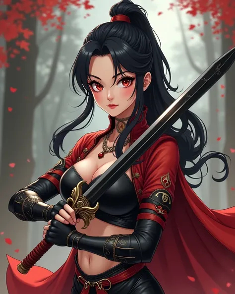 Guerrière asiatique, traits distinctifs, yeux en amande, pommettes hautes, peau lisse, cheveux longs noirs, queue de cheval haute, armure légère, crop top, underboob, cuir noir, métal sombre, rouge et noir, magie du sang, arme à long manche, guisarme dhast...