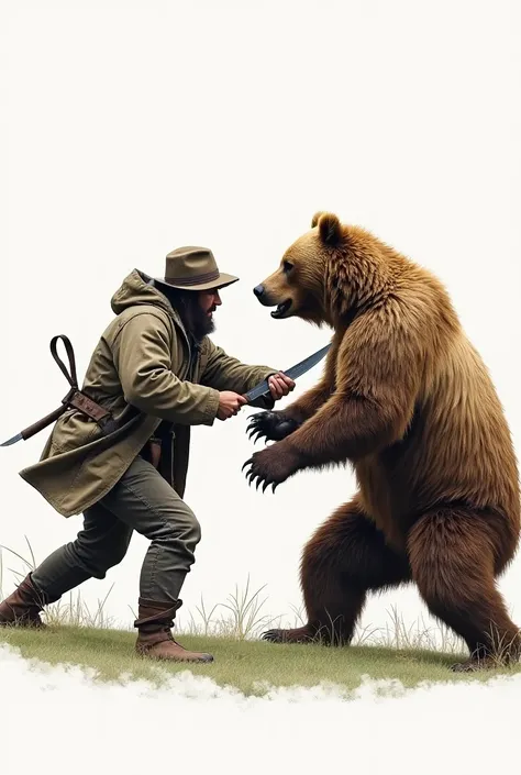 Draw a picture of a man fighting with one knife in super close combat like in the Revenant movie where a man fights from an attack by a brown bear.  The brown bear is just an ordinary big brown bear. The picture is plain .