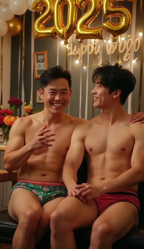  Korean muscular men aged 35, shirtless, wearing tiny colorful underwear that almost slipped down their buttocks, talking and laughing cheerfully, sitting. Atmosphere at a party with fruit and drinks, white and gold balloons, gold and black ribbon decorati...