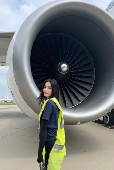 A hyper-realistic scene shows a young Turkish woman standing next to a massive airplane engine on the tarmac of a vast airfield. The towering engine’s polished metallic surface reflects the soft light of a partly cloudy sky, with its intricate fan blades r...