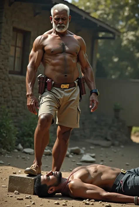 An elderly Indian bodybuilder police officer, acting as a father, stands over his fallen son, a criminal. The officer has placed his foot on a stone near his sons chest as the son lies defeated at his fathers feet." Add red shoes and uniform Indian kakhi 
...