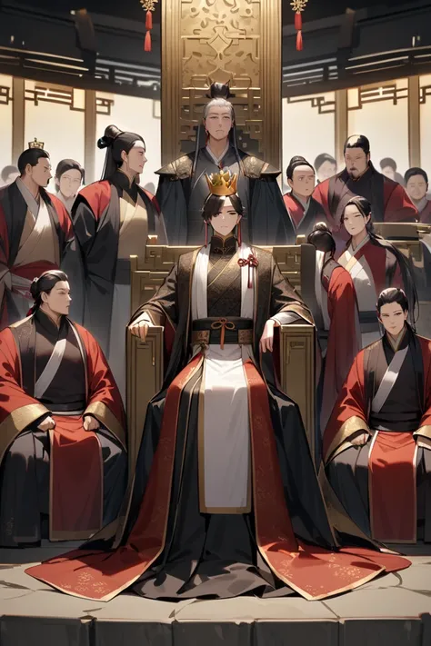 rey, high,  beautiful,  long black hair ,  black eyes, Chinese noble clothing , golden crown,  sitting on a large stone throne,  surrounded by Chinese nobles .