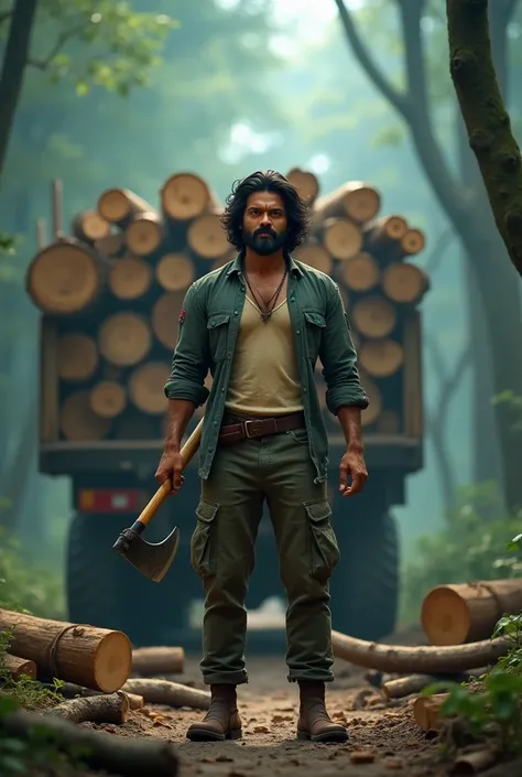 In Cincinnati 3d cartoon style"A rugged, forested landscape with a truck loaded with large, heavy wooden logs of white sagon wood. In the foreground, Pushpa (played by Allu Arjun) stands confidently, his expression intense and determined. He’s dressed in a...