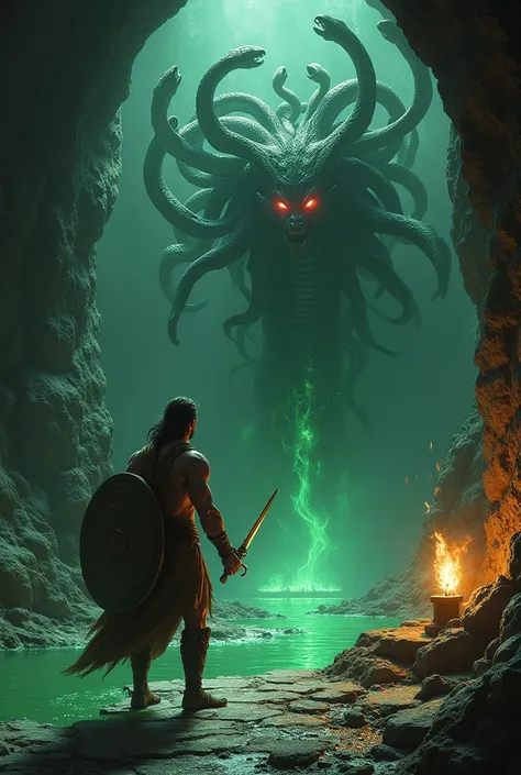 "Perseus, a brave warrior, cautiously steps through a dark, eerie cave with glowing green pools and stone statues of fallen warriors. Medusa, a serpentine creature with snake hair and glowing red eyes, lunges at him from the shadows. Perseus holds a reflec...