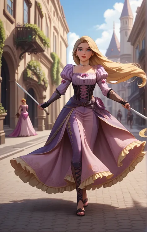 Rapunzel dressed in her Assassins Creed costume walking through the streets of Florence 