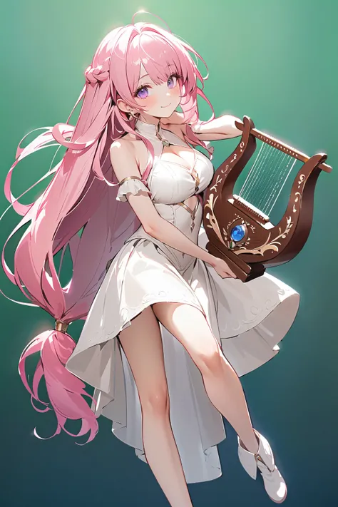 (green background:1.3), No wind, character sprite, wide shot, Break 
1 girl, (cute face), demure, baby face, light smile, young, 160 cm tall,, Standing, full body, (pink lhair, low-tied long hair:1.2), purple eyes, large breasts, slim, white Greek bard Out...