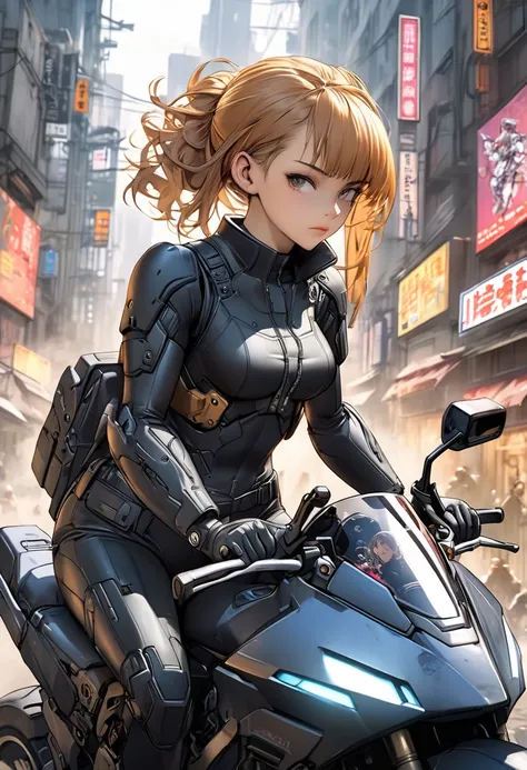 Anime girl sitting on motorbike with gun and machine gun,  Mechanical Soldier Girl , Shiro Masamune style , inspired Masamune Shirow, by Yoshihiko Wada,  Sitting on Cyberpunk Bikes, Masamune Shirow, Masamune Shirow, Gwaiz,  modern cyberpunk anime ,  Krenz ...