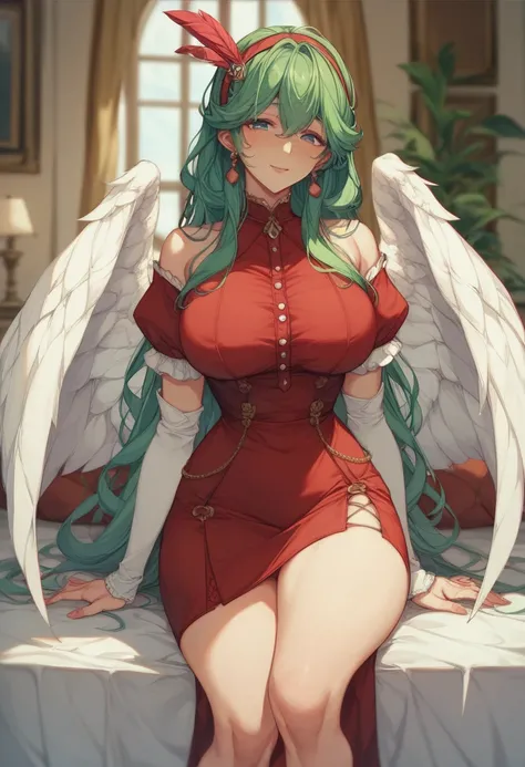  big pure white wings、 green hair( hair that stretches to the shoulders)、 mini dress 、( Red Dress 、White sleeves、 mini skirt feather shape 、Big breasted beauty with short sleeve feather shape ) thighs、 mature body 、 mature adult woman 、 beautiful、 cute、 ha...