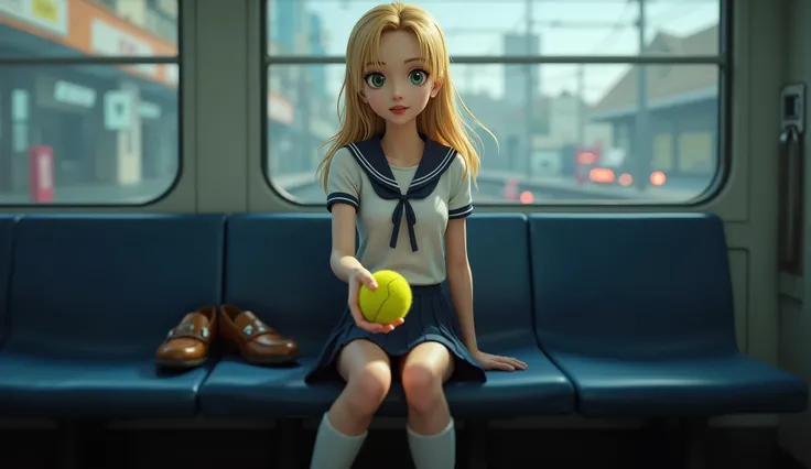  one girl ，3DCG， 3D character ，( and sits on the train seat with her back to the window:1.3)，(Face facing straight ahead:1.3)，( place a tennis ball in the palm of your right hand:1.3)，(Extend your right hand forward:1.3)，The camera takes a direct picture o...