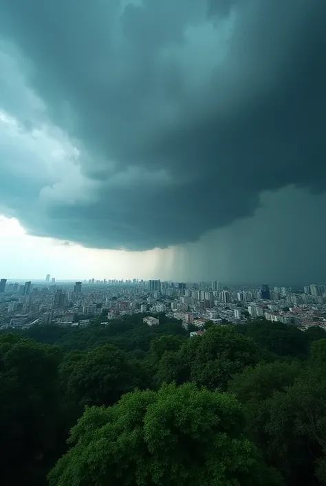 A realistic image of a cityscape under a severe storm. Dark clouds roll over the city, with heavy rain visible in the distance. The horizon shows a clear divide between stormy weather and calmer skies. The foreground features lush greenery and urban buildi...