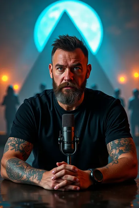 An image of a man with a tattooed arm with a mustache and beard black t-shirt doing a podcast in front of a microphone in the background of Horuss eye pyramids aliens 