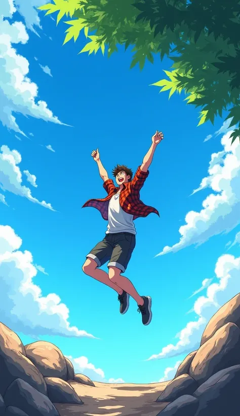 A vibrant and energetic scene featuring a man jumping high into the air with one arm raised in a victorious pose. He is wearing casual clothing, including a plaid shirt and shorts, with sneakers, set against a bright blue sky filled with scattered white cl...