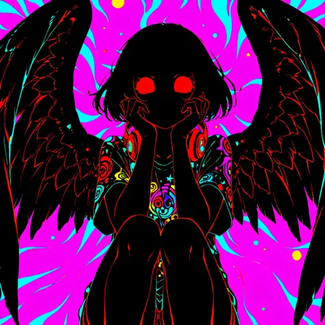 (masterpiece, best quality:1.2), 1 girl, unique, f3nn3r, colourful, pink, blue, black, red, trippy, giant feathered wings, psychotic, psychedelic, losing my mind, street wear, ripped print shirt, headphones around neck, no face, oblique angle, hands on che...