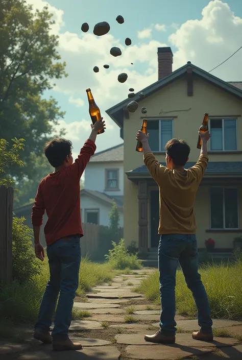 Two young man throwing stones at a house while drinking with two bottles of alcohol and stone in their hands