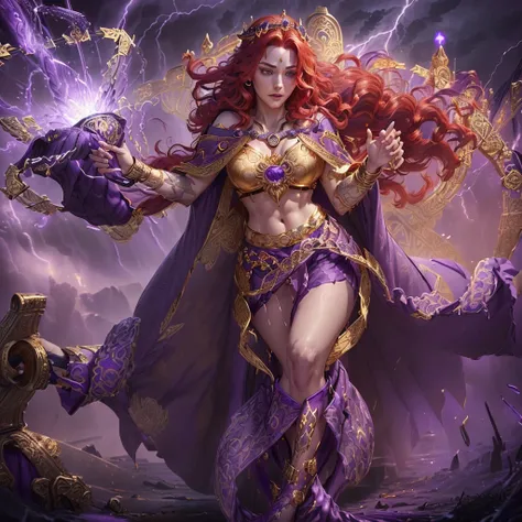 Circe from DC Comics, (elegant golden scale-patterned Brassière:1.8), (long, flowing purple skirt reaching her feet:1.9) with high side splits, secured with (ornate golden straps:1.8) at the waist. (Tall purple boots:1.3) with golden accents, paired with (...