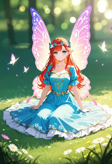 1 girl, beautiful fairy with butterfly wings, sitting on grass, intricate and detailed dress with flower print, physically based rendering, extremely detailed description, vivid and professional colors, bokeh, fantasy, cinematic lighting