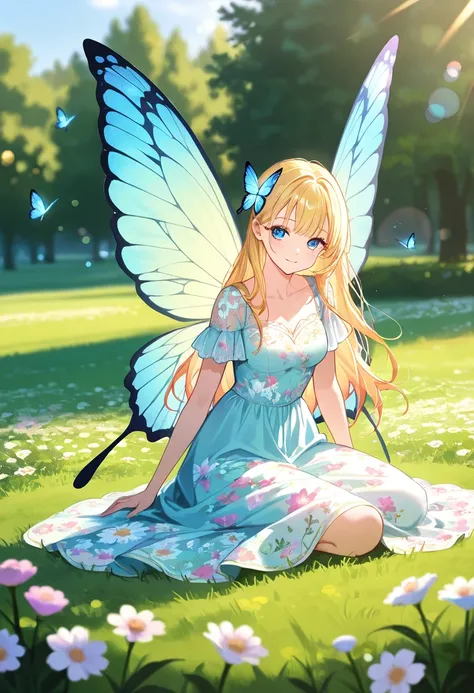 1 girl, beautiful fairy with butterfly wings, sitting on grass, intricate and detailed dress with flower print, physically based rendering, extremely detailed description, vivid and professional colors, bokeh, fantasy, cinematic lighting