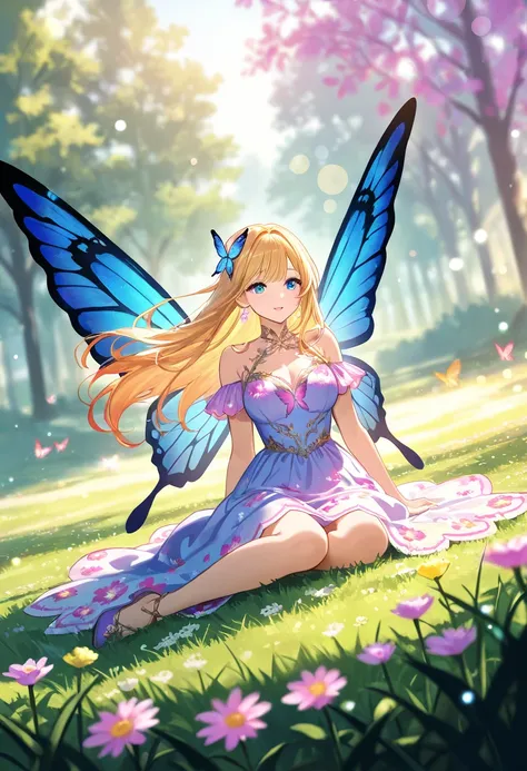 1 girl, beautiful fairy with butterfly wings, sitting on grass, intricate and detailed dress with flower print, physically based rendering, extremely detailed description, vivid and professional colors, bokeh, fantasy, cinematic lighting