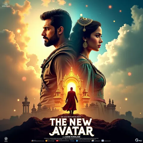 "An ultra-realistic and highly detailed Indian Bollywood movie poster for the fantasy film The New Avatar. The composition features a 20-year-old handsome boy in rugged warrior attire, standing at the forefront, holding a glowing sword. His determined face...