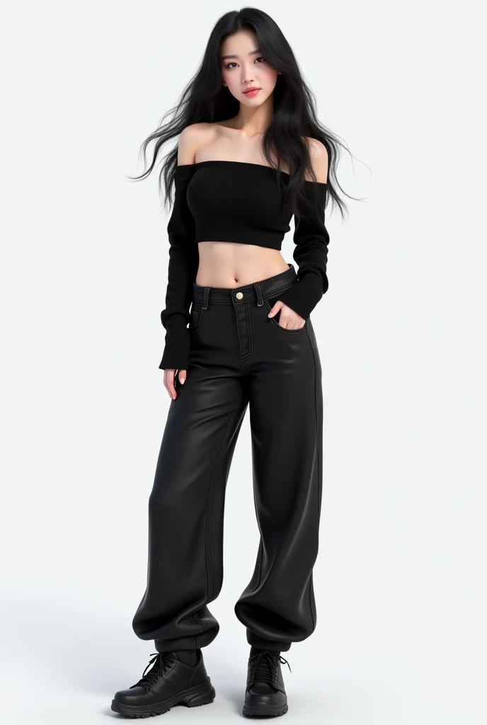 A realistic virtual kpop girl in black open wavy hair,light brown eyes, wearing black oversized baggyjeans, black off shoulder crop top snickers standing like model plain  white  background 