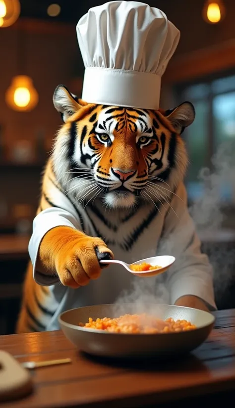 A tiger is cooking in a restaurant, holding a spoon in its paw and wearing a chefs hat. Smoke is rising from the dish it is preparing.

A tiger is cooking in a restaurant, holding a spoon in its paw and wearing a chefs hat. Smoke is rising from the dish it...