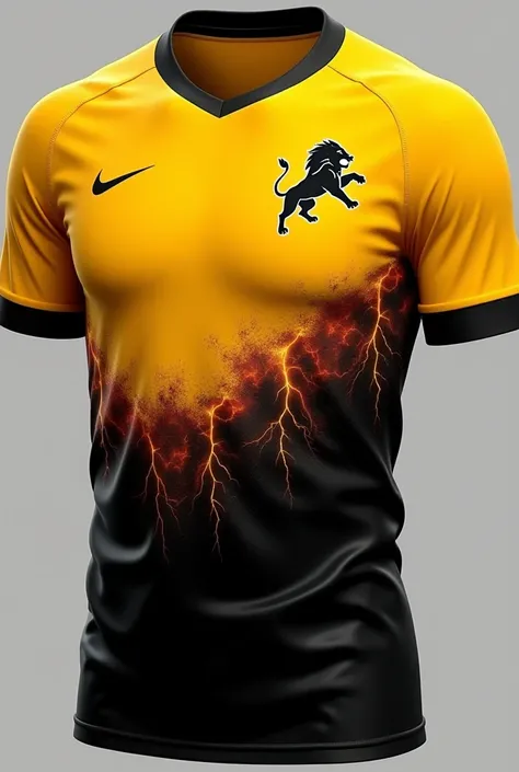 A jursey. 
This jursey colour is started with yellow and in the bottom black. There are some lava colour thunder on the black part.a gorgious one sided lion logo on the left side of the jersey and the right side is blank.