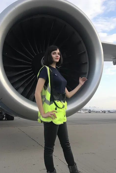 A hyper-realistic scene shows a young Turkish woman standing next to a massive airplane engine on the tarmac of a vast airfield. The towering engine’s polished metallic surface reflects the soft light of a partly cloudy sky, with its intricate fan blades r...