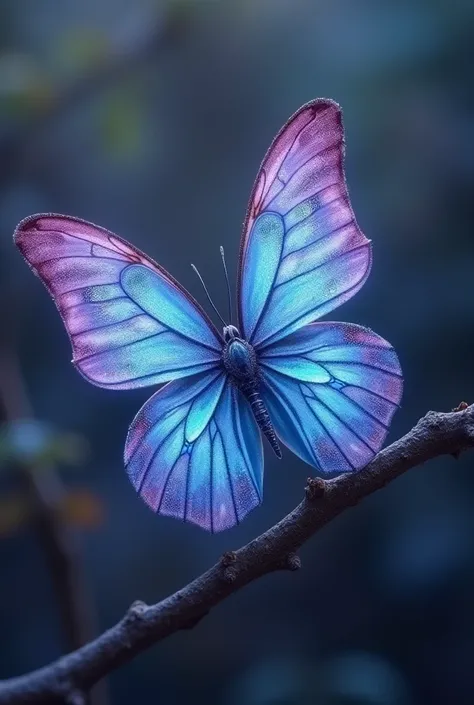 blue butterfly, purple and lilac sparkles .  Standing on a branch ,  ethereal and delicate look ,  silver details on the wings but subtle.  You look at it from the side ,  you see it from the side and not from the front. 