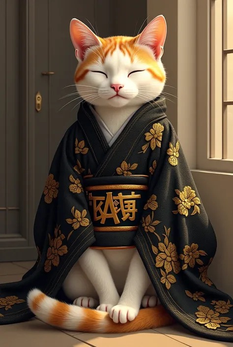  cat wearing a black gold embellished kimono。 with the letters kaa on the kimono 。Im taking a nap on my stomach