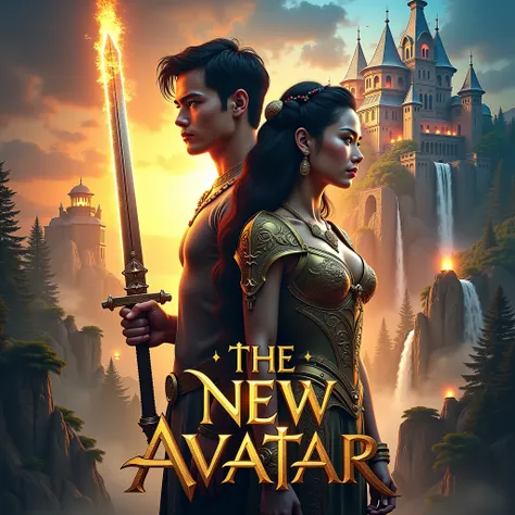 "An ultra-realistic and highly detailed Indian Bollywood movie poster for the fantasy film The New Avatar. The poster showcases a striking double exposure effect. A 20-year-old handsome boy stands confidently in the foreground, gripping a glowing sword, hi...