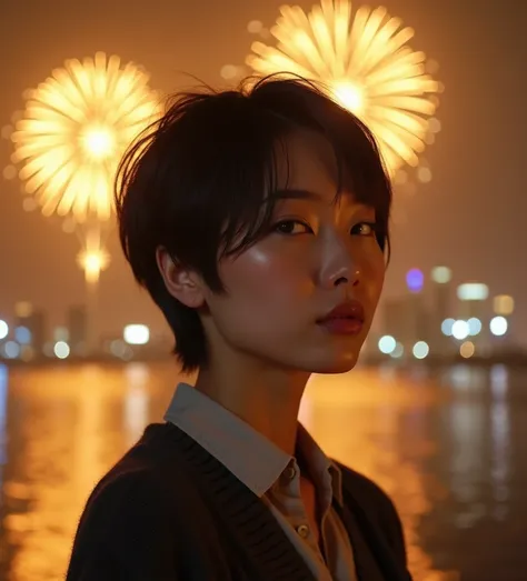 Realistics, An Asian woman 45 years, pixie cut almond -brown short hair, lips closed, ultra high resolution face details, light more on face, wearing shirt and sweater, standing in front of lake and city skycraf , looking at viewer, looking at photographer...