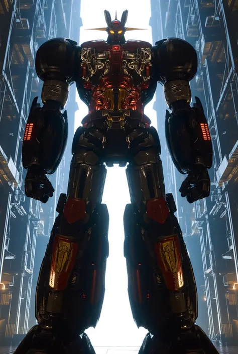  a very realistic version of the modified Mazinger Z,  Standing 100 meters high in a forward leaning position.   Its built with modern materials such as steel  ,   Carbon Fiber  ,   Other industrial elements are also visible  ,   just like the real thing  ...