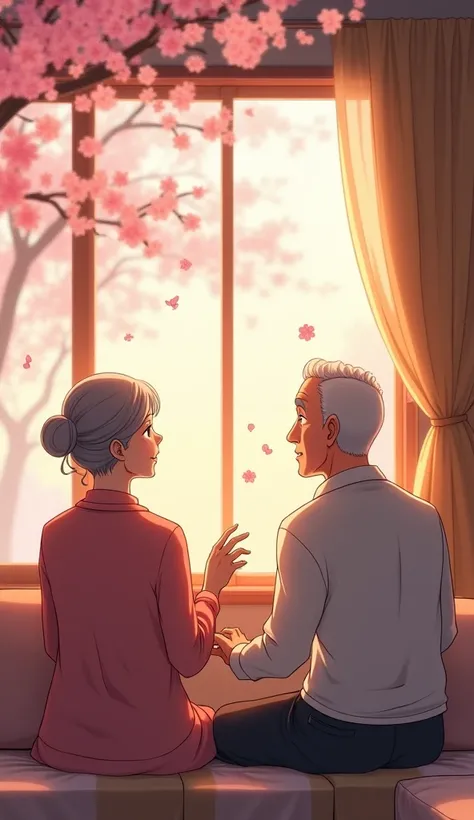 A serene scene inside a cozy living room. The elderly couple sits side by side at a window, watching cherry blossoms gently fall outside. The wife, with her hand resting on her husband’s, looks contemplative but soft. The husband gazes out the window with ...