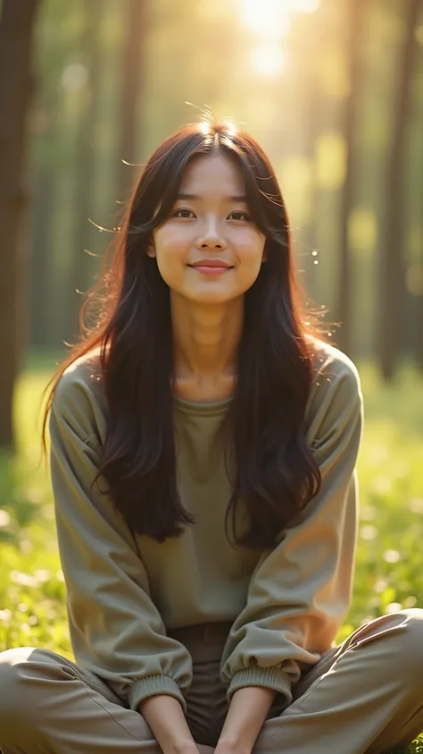 Real photography with delicate skin. In a forest full of sunlight, a beautiful Asian girl with long black hair parted in the middle is surrounded by the sun. She is wearing a light khaki round neck, thin cotton, long sleeves, loose fit, and no shrinkage on...